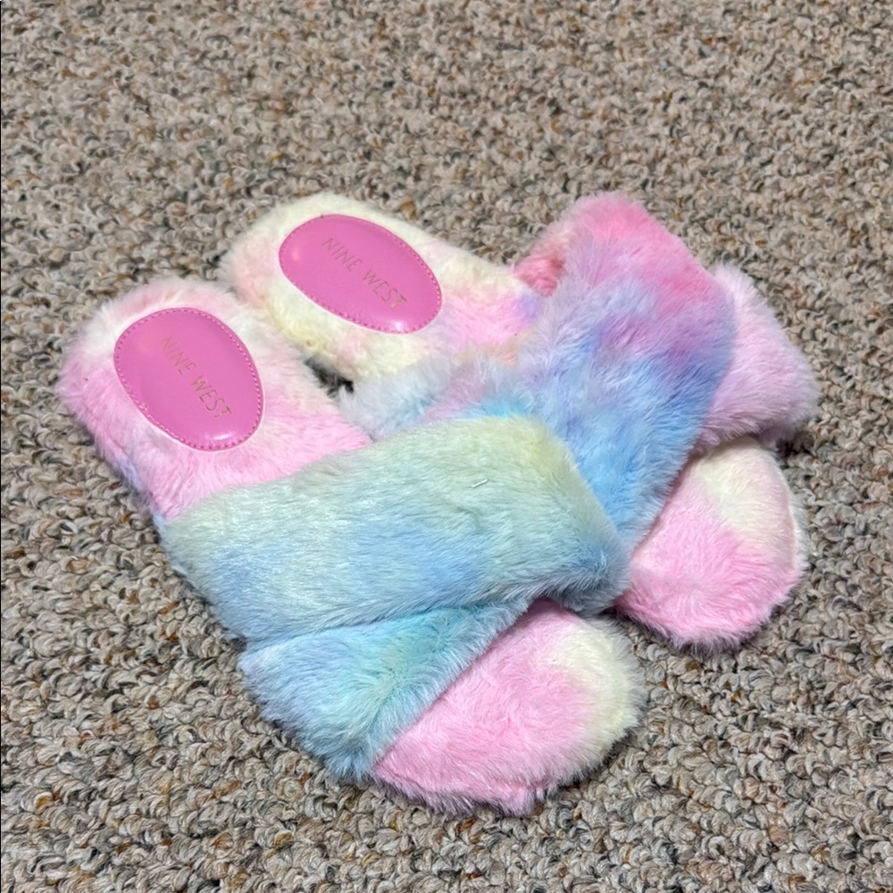 ❤️Nine West' Rainbow Fuzzy Faux Fur Slippers